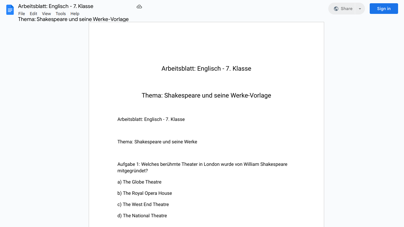 Arbeitsblatt: Englisch - 7. Klasse

Thema: Shakespeare und seine Werke-Vorlage