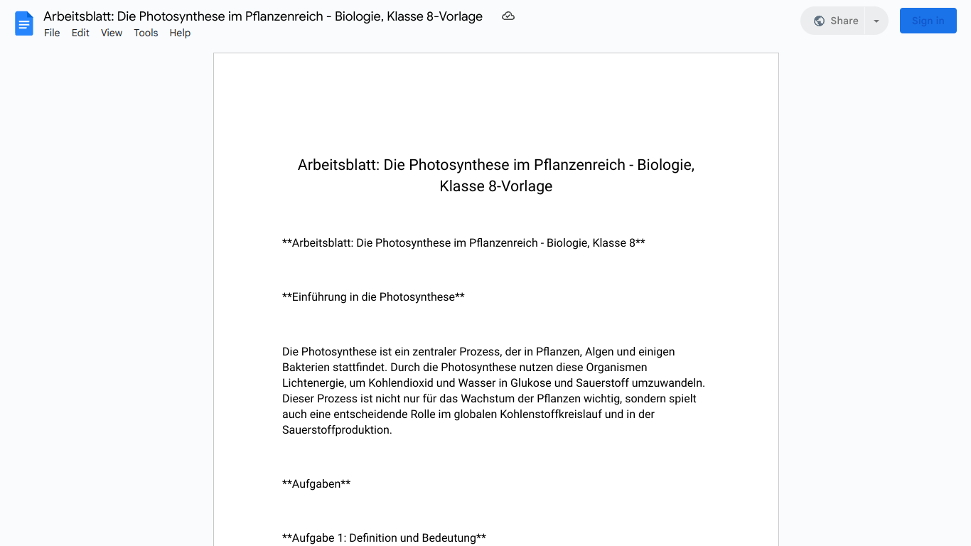 Arbeitsblatt: Die Photosynthese im Pflanzenreich - Biologie, Klasse 8-Vorlage