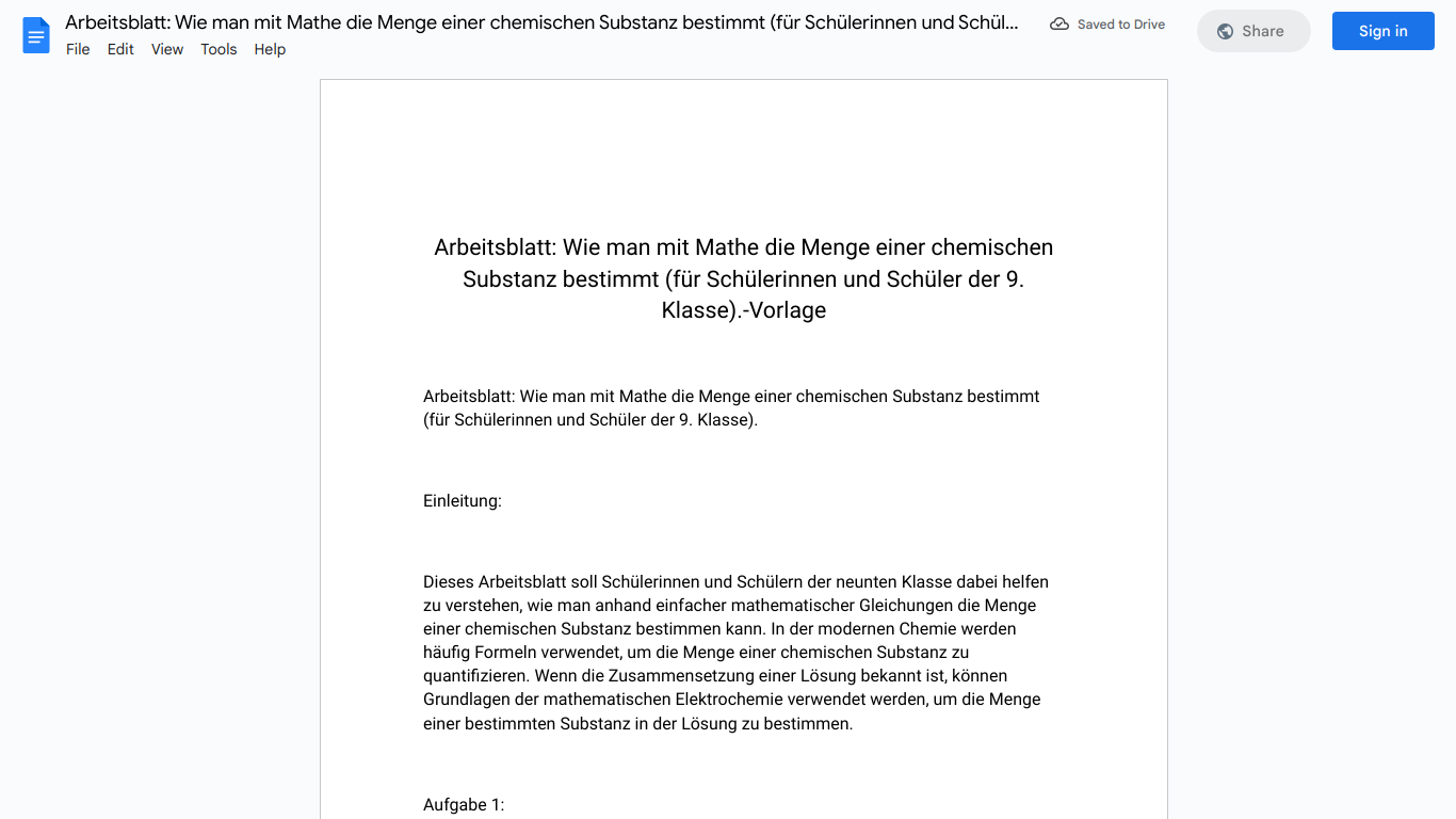 Arbeitsblatt: Wie man mit Mathe die Menge einer chemischen Substanz bestimmt (für Schülerinnen und Schüler der 9. Klasse).-Vorlage