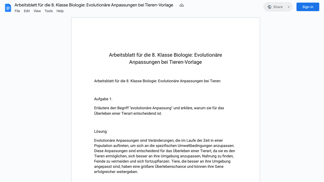 Arbeitsblatt für die 8. Klasse Biologie: Evolutionäre Anpassungen bei Tieren-Vorlage