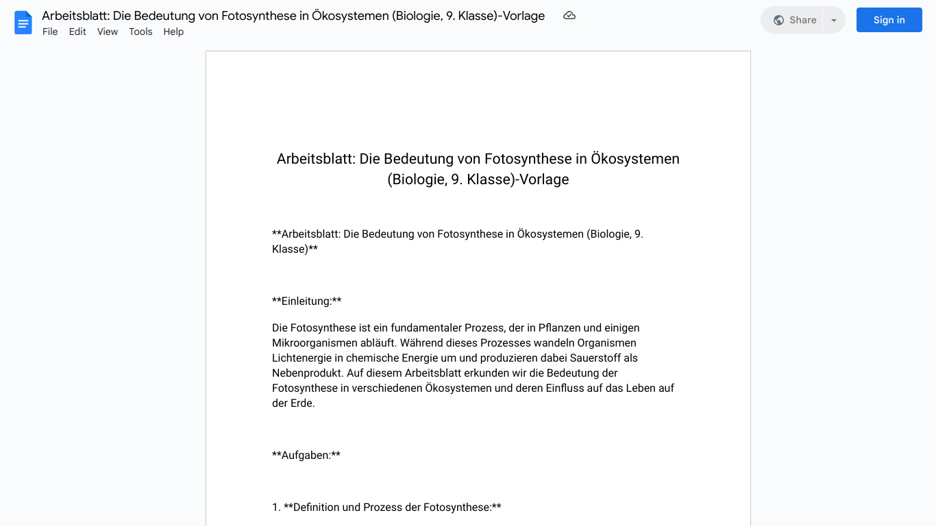 Arbeitsblatt: Die Bedeutung von Fotosynthese in Ökosystemen (Biologie, 9. Klasse)-Vorlage