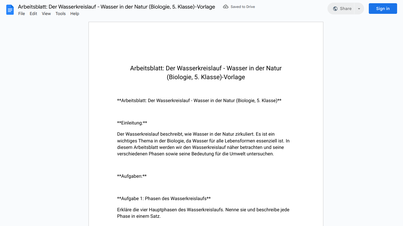 Arbeitsblatt: Der Wasserkreislauf - Wasser in der Natur (Biologie, 5. Klasse)-Vorlage