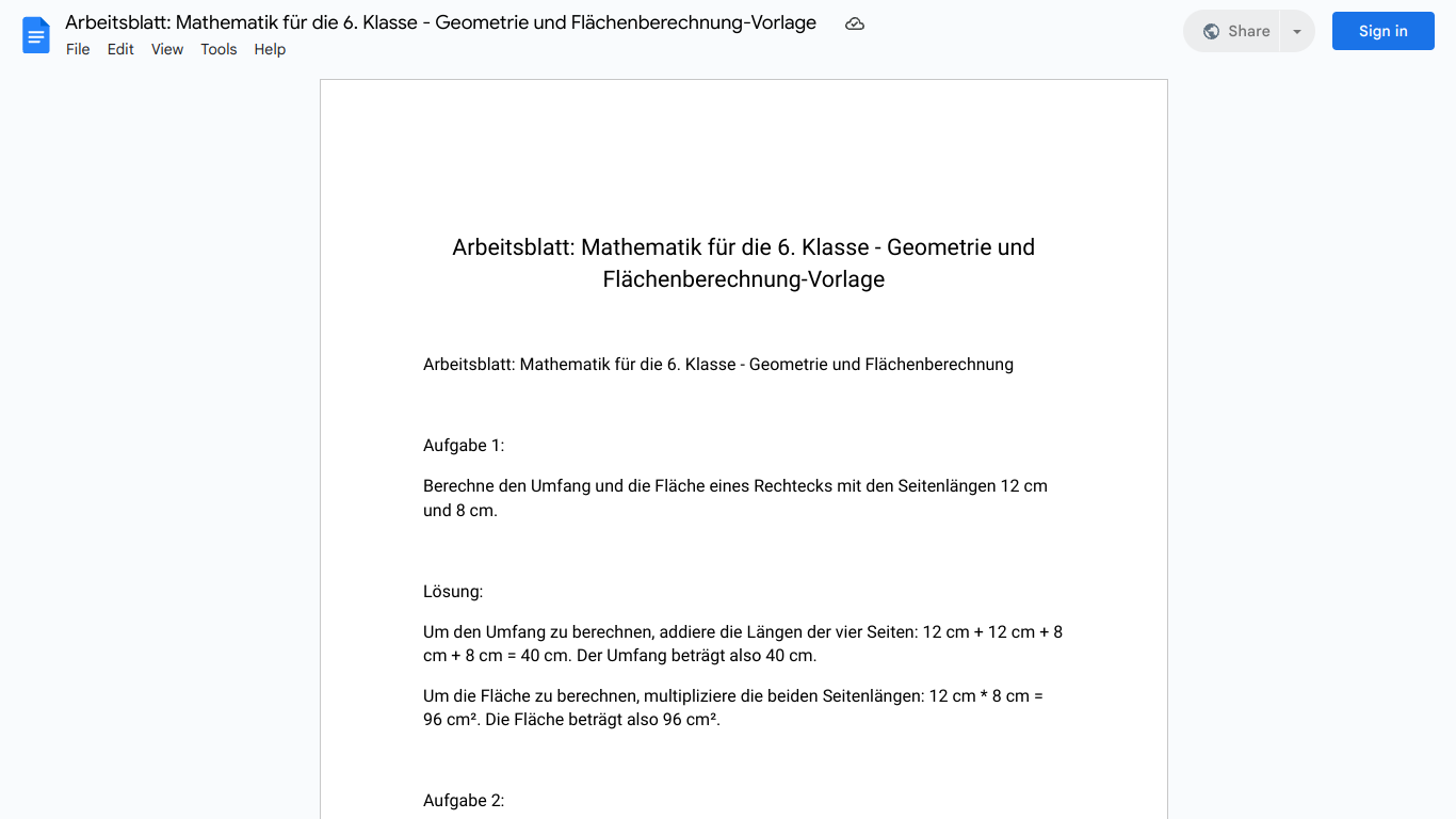 Arbeitsblatt: Mathematik für die 6. Klasse - Geometrie und Flächenberechnung-Vorlage