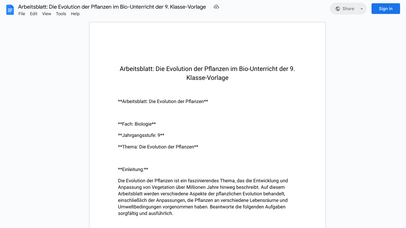 Arbeitsblatt: Die Evolution der Pflanzen im Bio-Unterricht der 9. Klasse-Vorlage