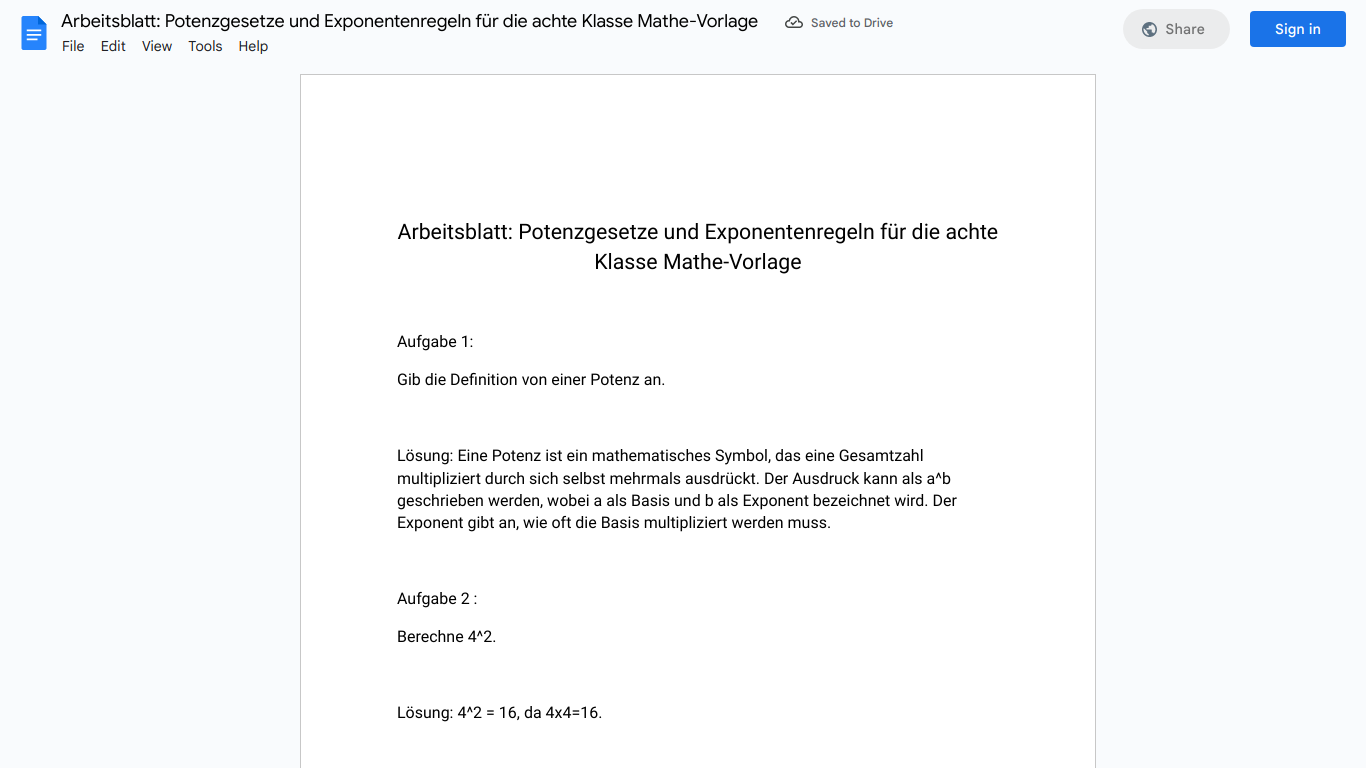 Arbeitsblatt: Potenzgesetze und Exponentenregeln für die achte Klasse Mathe-Vorlage