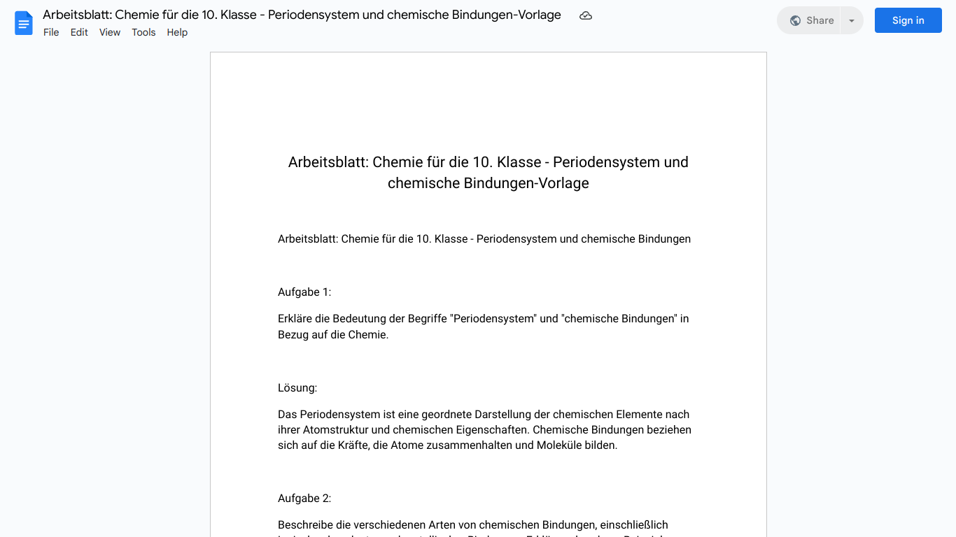 Arbeitsblatt: Chemie für die 10. Klasse - Periodensystem und chemische Bindungen-Vorlage