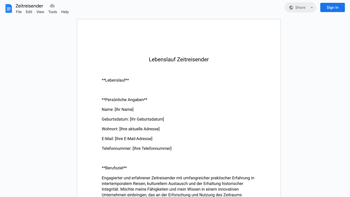 Lebenslauf-Zeitreisender