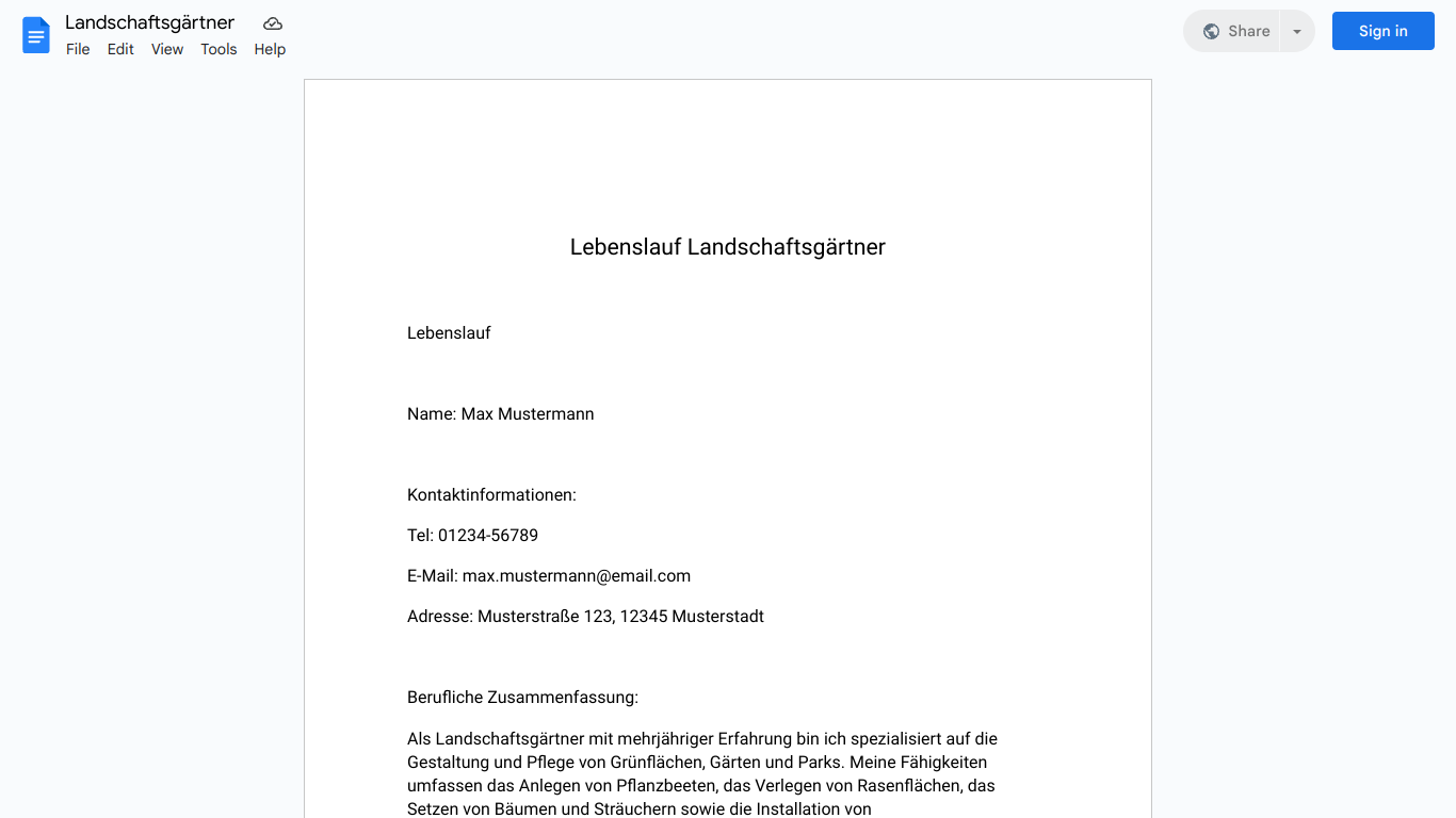 Lebenslauf-Landschaftsgärtner