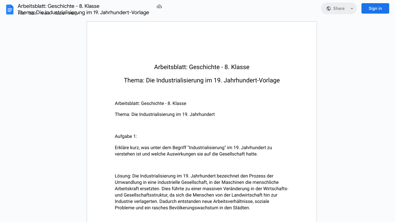 Arbeitsblatt: Geschichte - 8. Klasse
Thema: Die Industrialisierung im 19. Jahrhundert-Vorlage