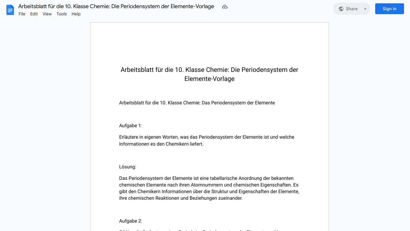 Arbeitsblatt für die 10. Klasse Chemie: Die Periodensystem der Elemente-Vorlage