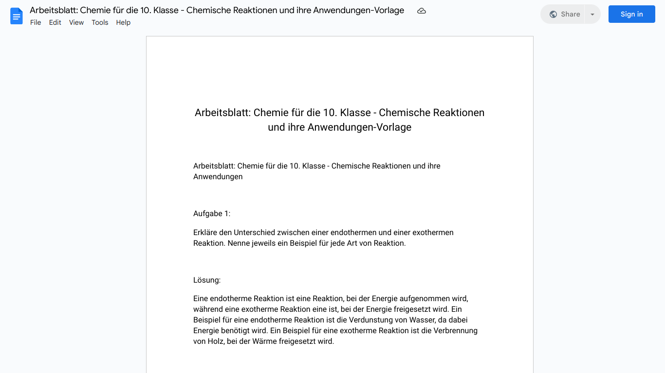 Arbeitsblatt: Chemie für die 10. Klasse - Chemische Reaktionen und ihre Anwendungen-Vorlage