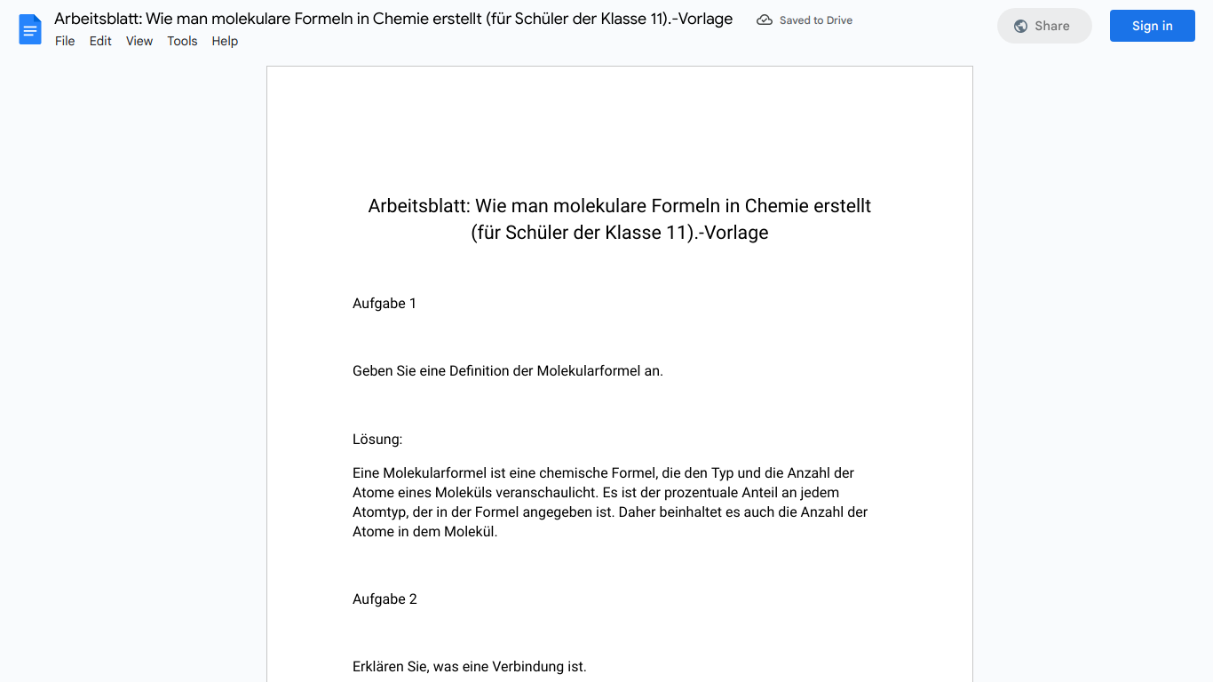 Arbeitsblatt: Wie man molekulare Formeln in Chemie erstellt (für Schüler der Klasse 11).-Vorlage