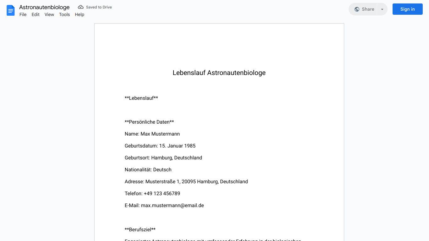 Lebenslauf-Astronautenbiologe