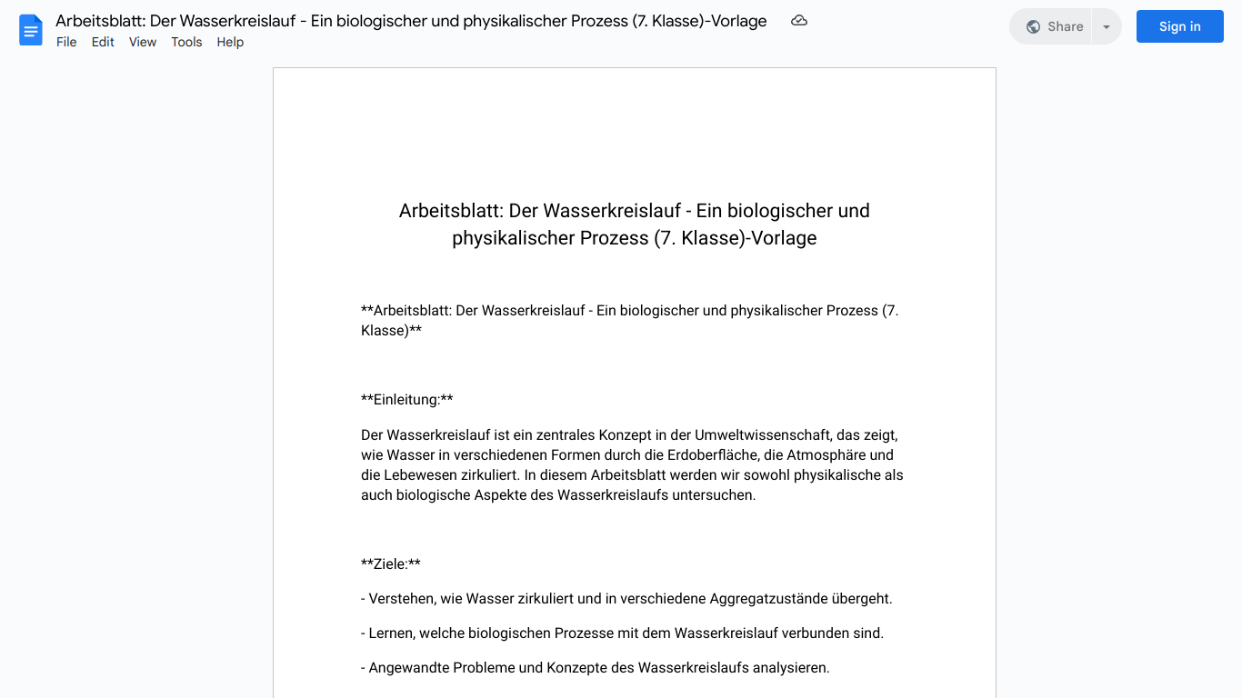 Arbeitsblatt: Der Wasserkreislauf - Ein biologischer und physikalischer Prozess (7. Klasse)-Vorlage