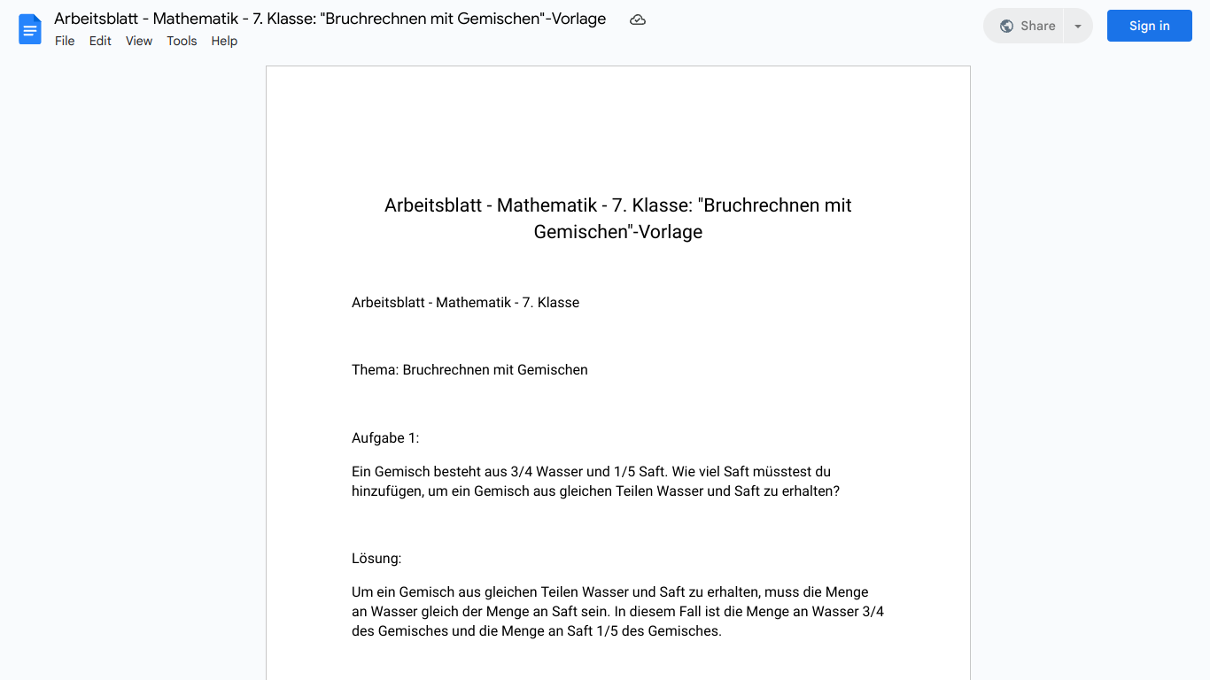 Arbeitsblatt - Mathematik - 7. Klasse: "Bruchrechnen mit Gemischen"-Vorlage