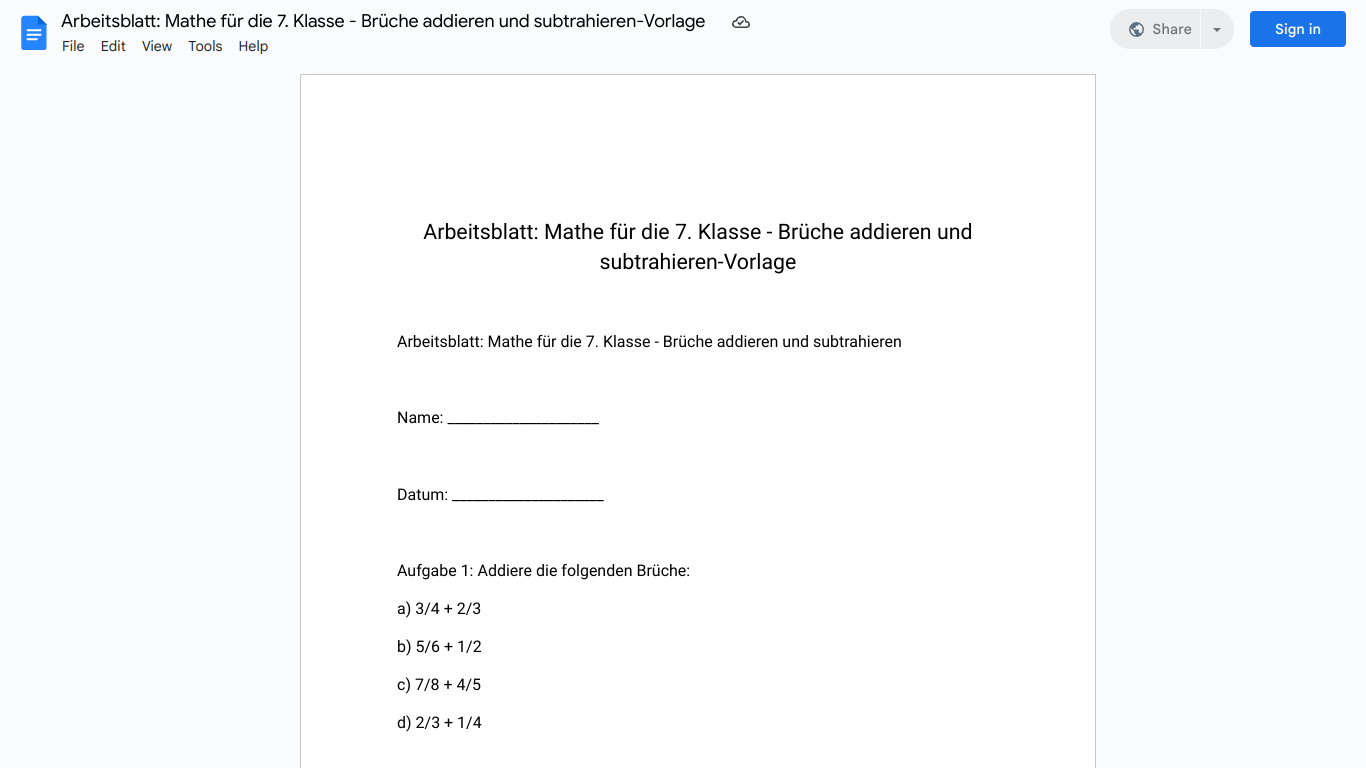 Arbeitsblatt: Mathe für die 7. Klasse - Brüche addieren und subtrahieren-Vorlage