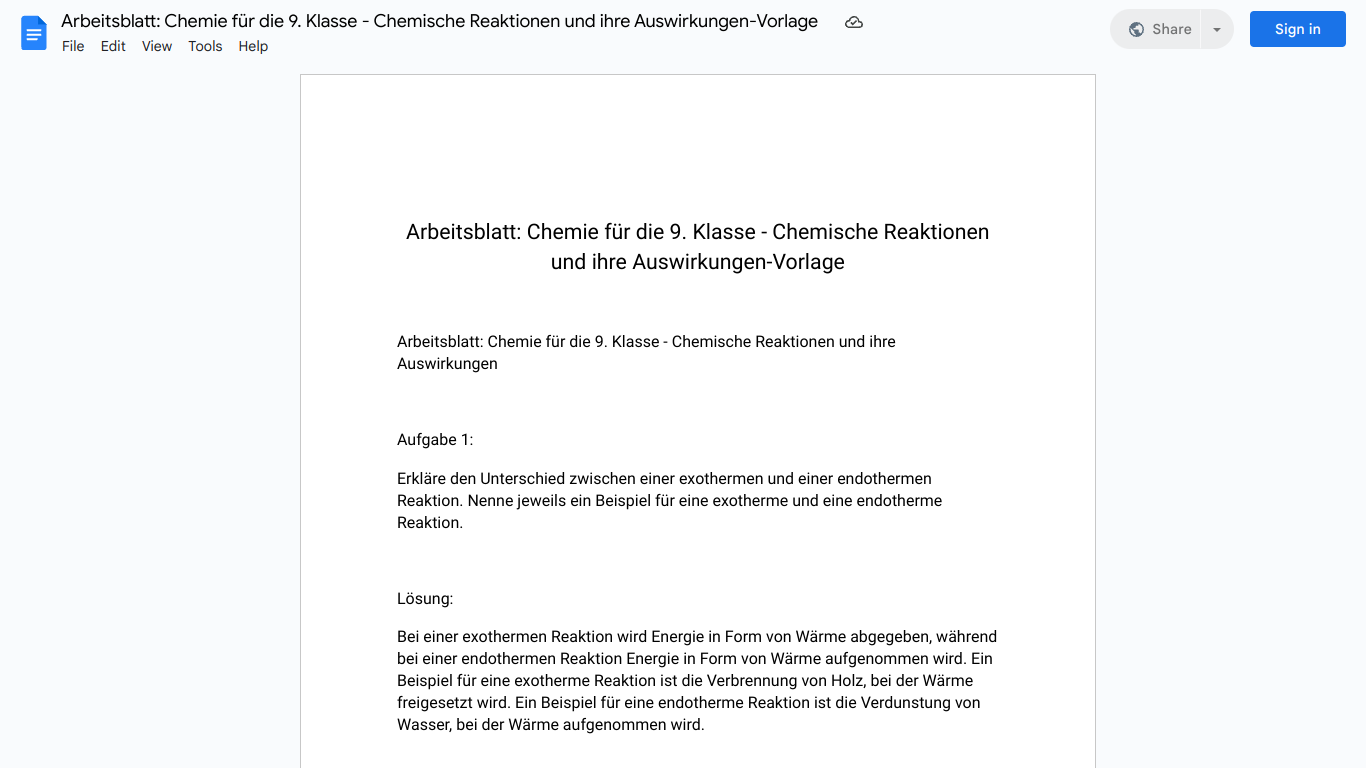 Arbeitsblatt: Chemie für die 9. Klasse - Chemische Reaktionen und ihre Auswirkungen-Vorlage