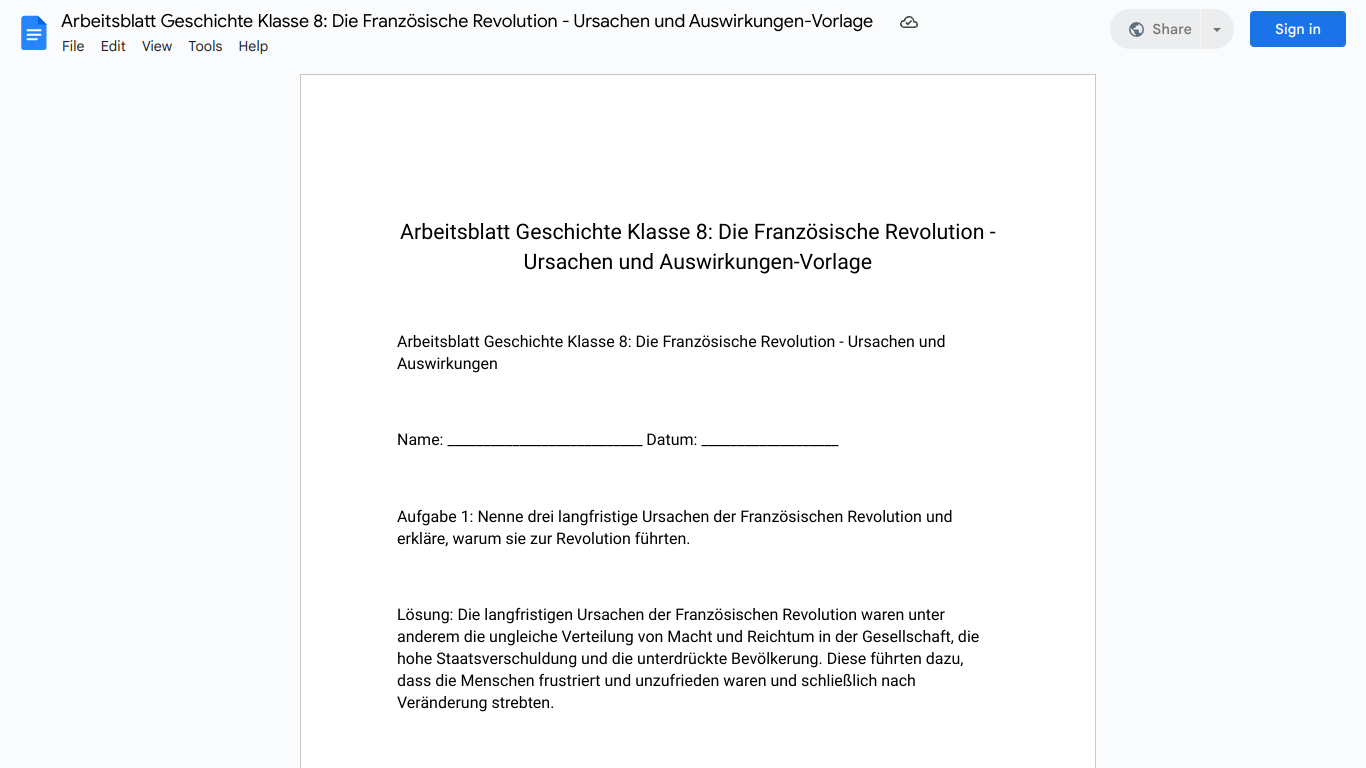 Arbeitsblatt Geschichte Klasse 8: Die Französische Revolution - Ursachen und Auswirkungen-Vorlage