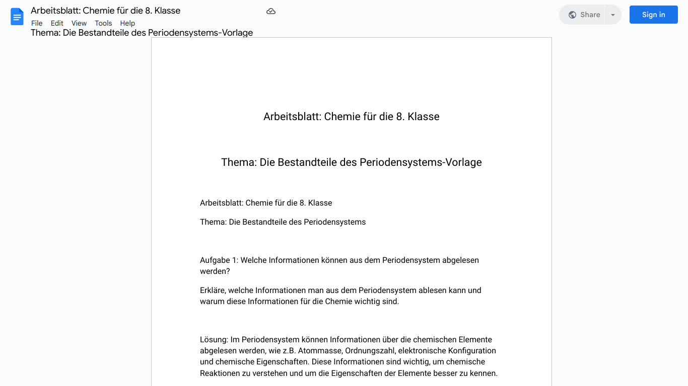 Arbeitsblatt: Chemie für die 8. Klasse

Thema: Die Bestandteile des Periodensystems-Vorlage