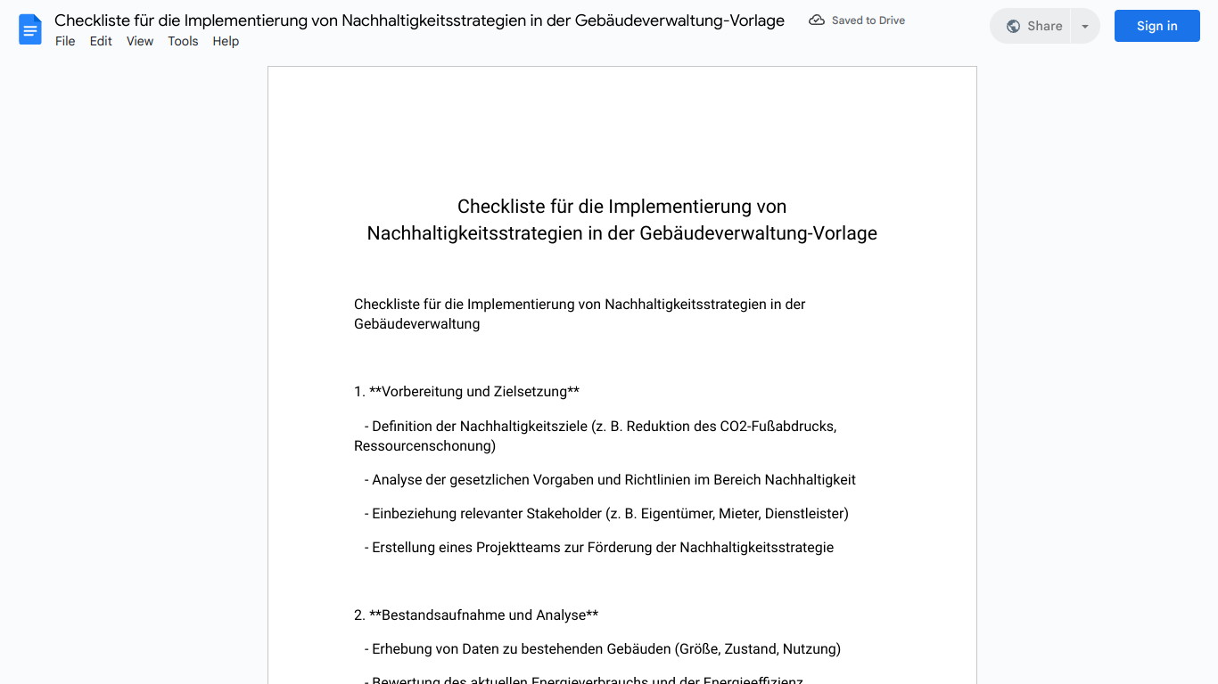 Checkliste für die Implementierung von Nachhaltigkeitsstrategien in der Gebäudeverwaltung-Vorlage