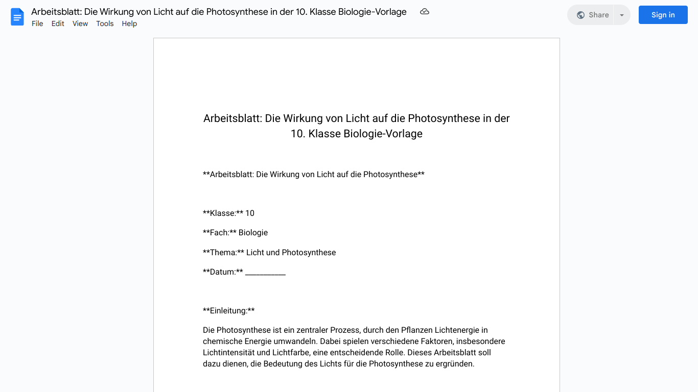 Arbeitsblatt: Die Wirkung von Licht auf die Photosynthese in der 10. Klasse Biologie-Vorlage