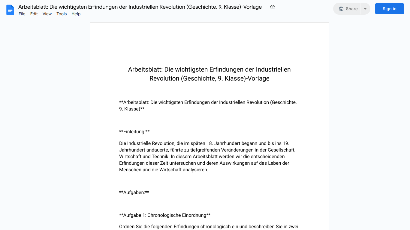 Arbeitsblatt: Die wichtigsten Erfindungen der Industriellen Revolution (Geschichte, 9. Klasse)-Vorlage