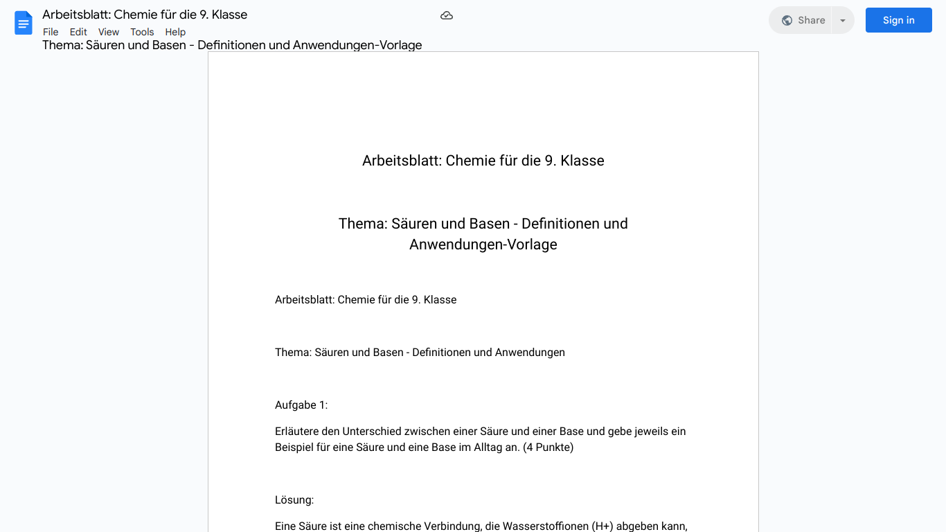 Arbeitsblatt: Chemie für die 9. Klasse

Thema: Säuren und Basen - Definitionen und Anwendungen-Vorlage