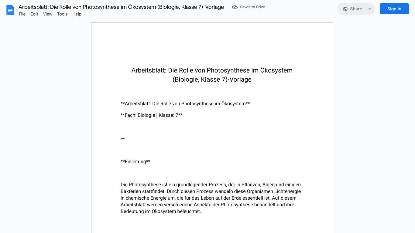 Arbeitsblatt: Die Rolle von Photosynthese im Ökosystem (Biologie, Klasse 7)-Vorlage