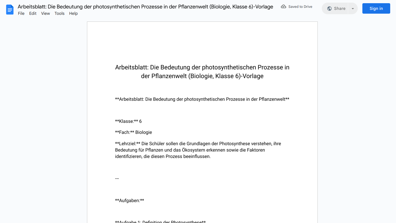 Arbeitsblatt: Die Bedeutung der photosynthetischen Prozesse in der Pflanzenwelt (Biologie, Klasse 6)-Vorlage