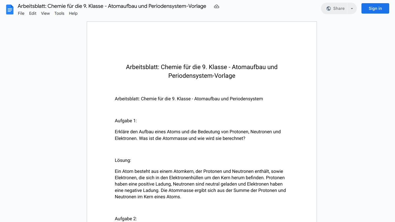 Arbeitsblatt: Chemie für die 9. Klasse - Atomaufbau und Periodensystem-Vorlage