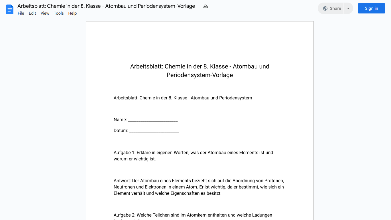 Arbeitsblatt: Chemie in der 8. Klasse - Atombau und Periodensystem-Vorlage