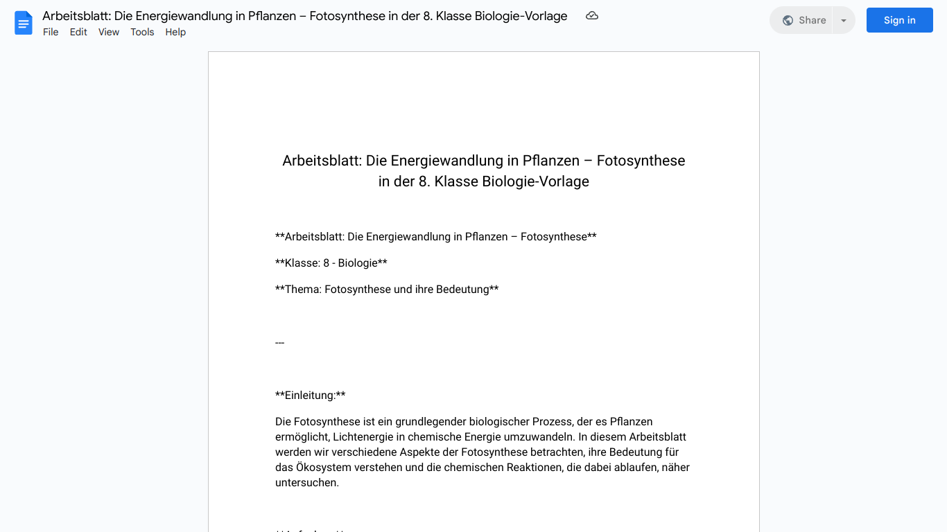 Arbeitsblatt: Die Energiewandlung in Pflanzen – Fotosynthese in der 8. Klasse Biologie-Vorlage