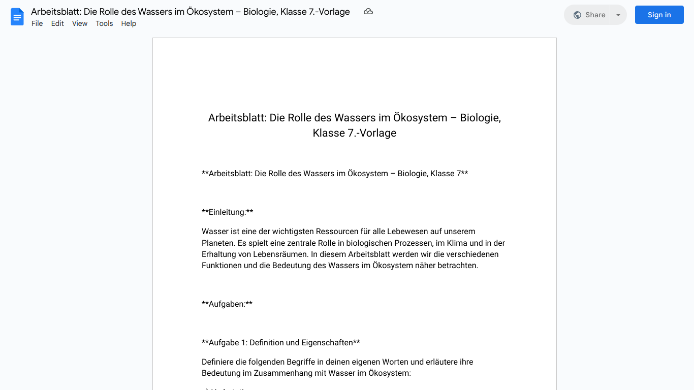 Arbeitsblatt: Die Rolle des Wassers im Ökosystem – Biologie, Klasse 7.-Vorlage