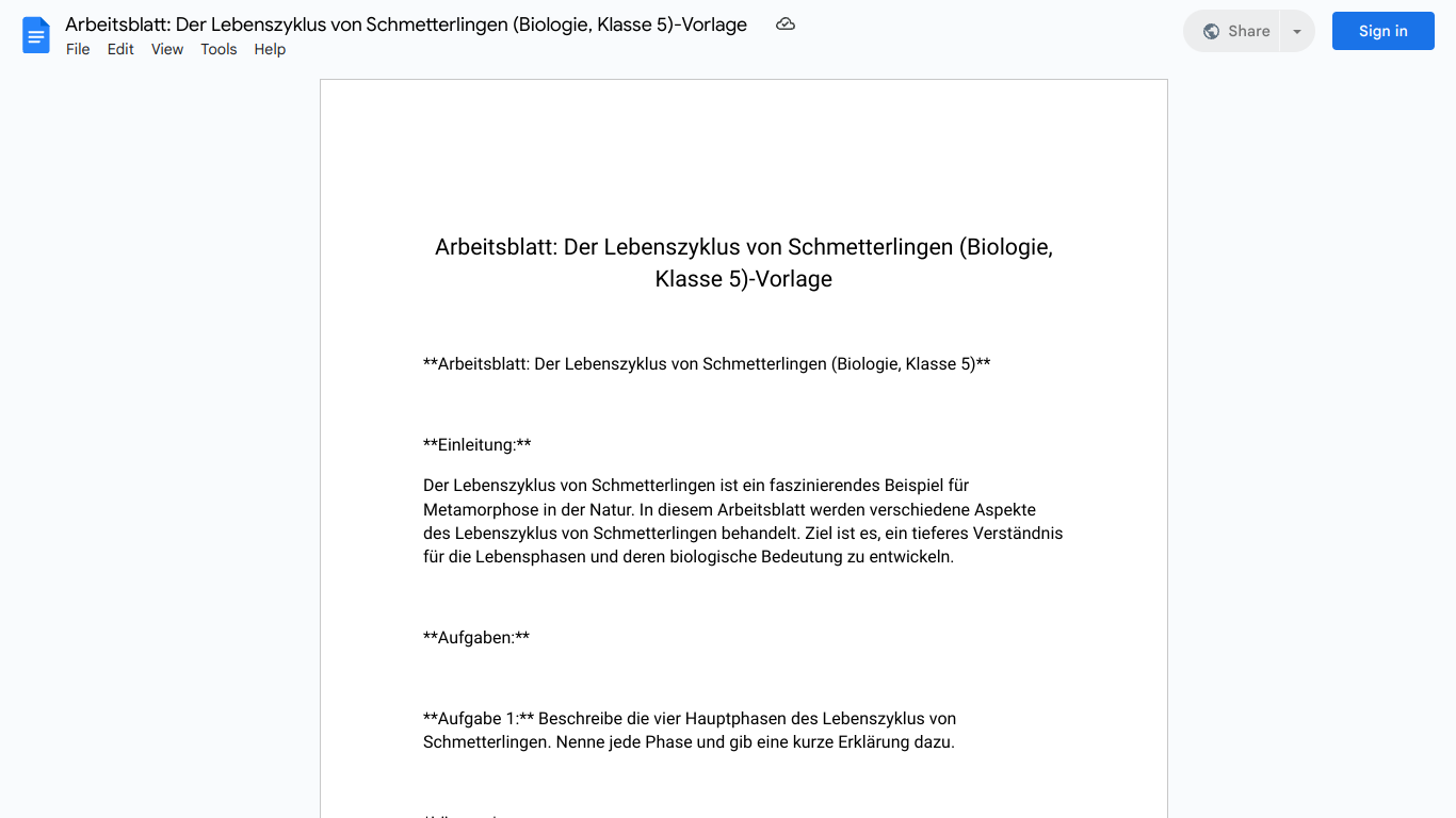 Arbeitsblatt: Der Lebenszyklus von Schmetterlingen (Biologie, Klasse 5)-Vorlage