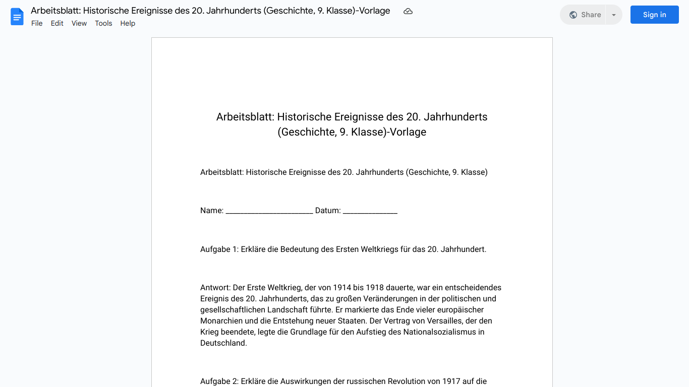 Arbeitsblatt: Historische Ereignisse des 20. Jahrhunderts (Geschichte, 9. Klasse)-Vorlage