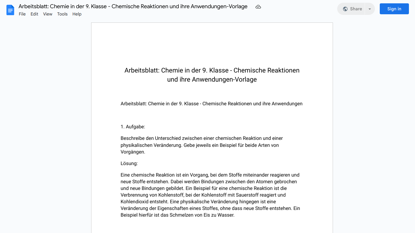 Arbeitsblatt: Chemie in der 9. Klasse - Chemische Reaktionen und ihre Anwendungen-Vorlage