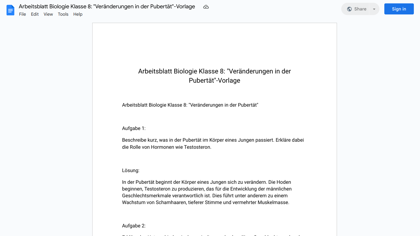 Arbeitsblatt Biologie Klasse 8: "Veränderungen in der Pubertät"-Vorlage