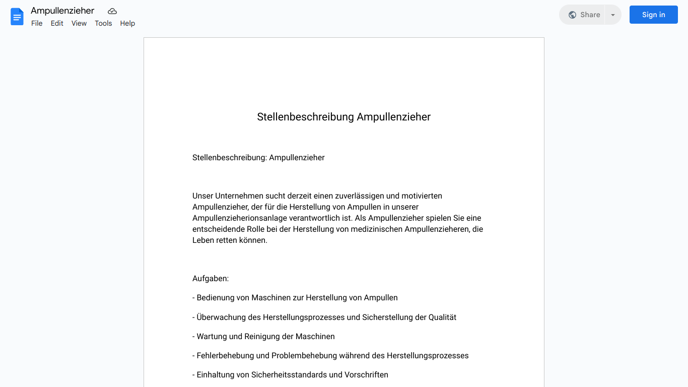 Stellenbeschreibung-Ampullenzieher