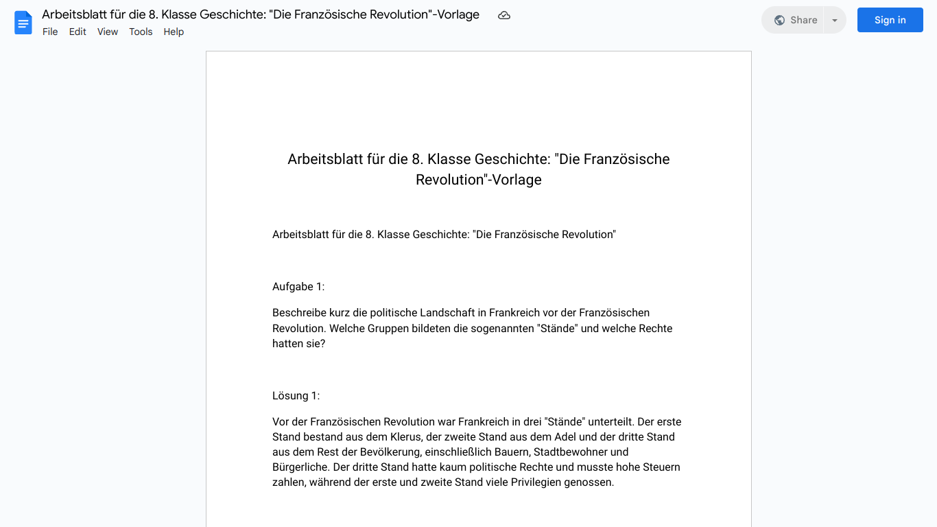 Arbeitsblatt für die 8. Klasse Geschichte: "Die Französische Revolution"-Vorlage