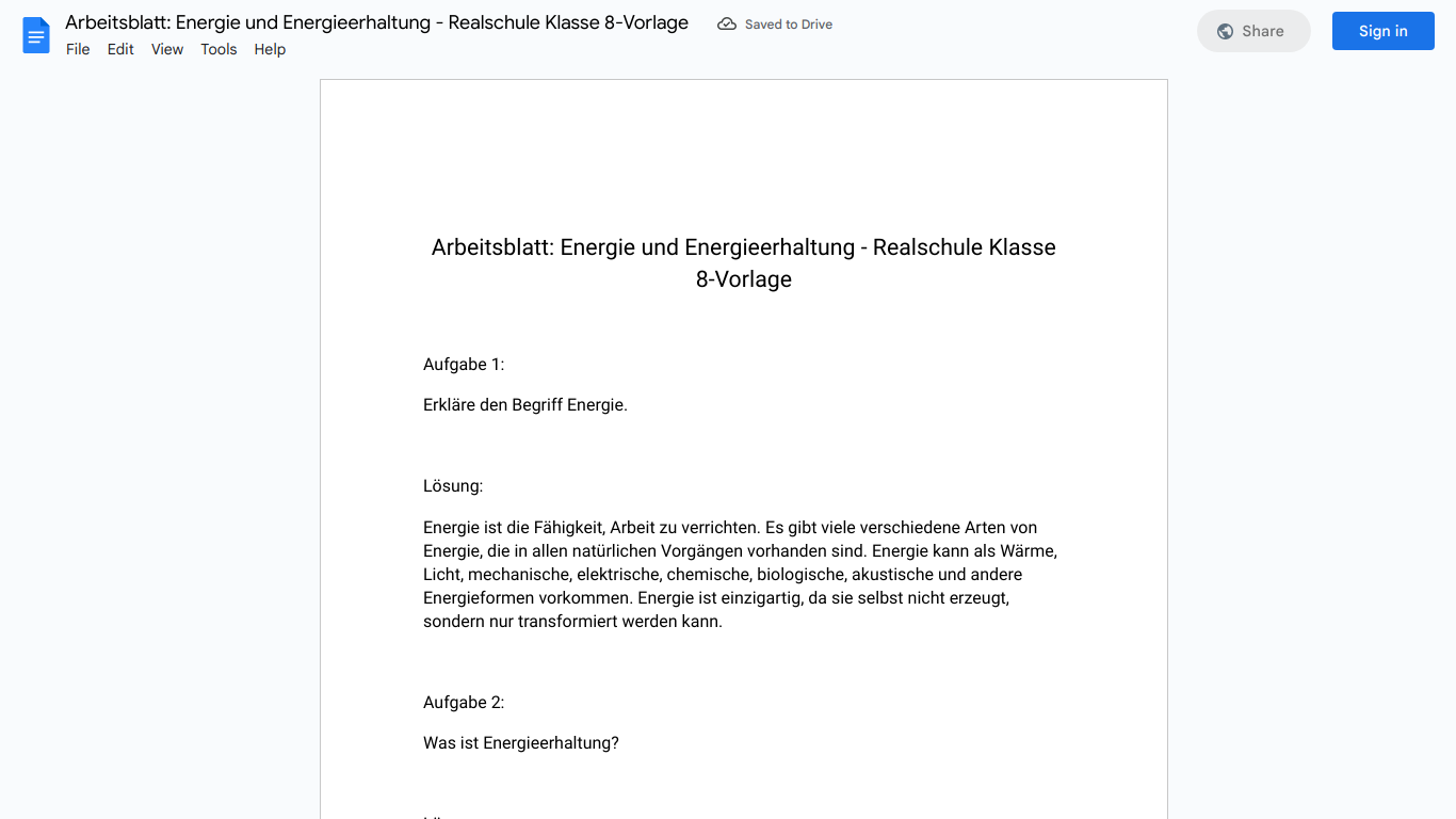 Arbeitsblatt: Energie und Energieerhaltung - Realschule Klasse 8-Vorlage