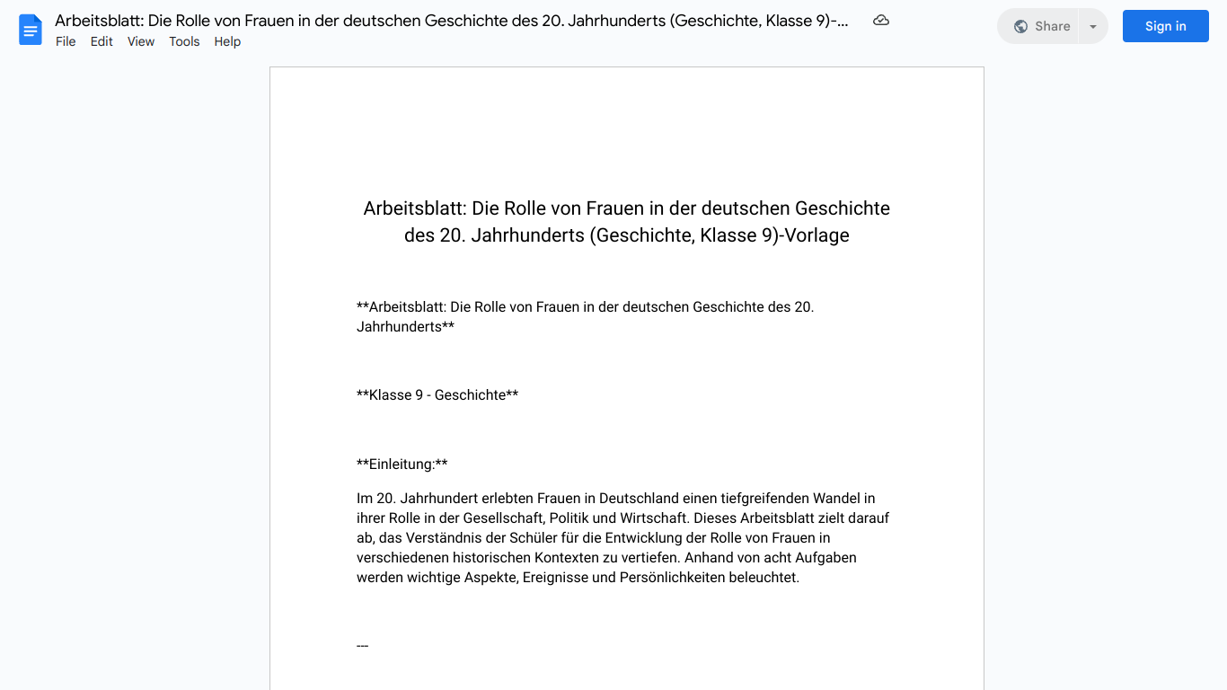 Arbeitsblatt: Die Rolle von Frauen in der deutschen Geschichte des 20. Jahrhunderts (Geschichte, Klasse 9)-Vorlage