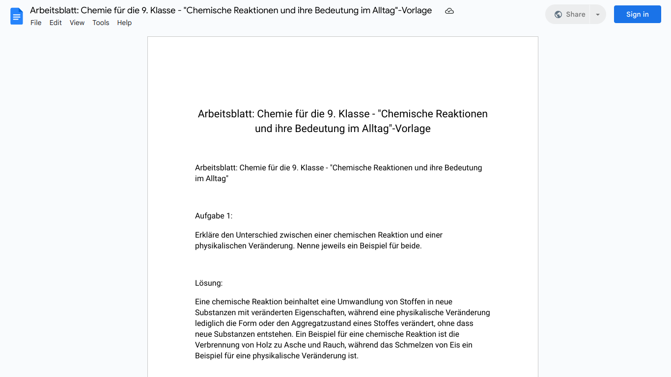 Arbeitsblatt: Chemie für die 9. Klasse - "Chemische Reaktionen und ihre Bedeutung im Alltag"-Vorlage