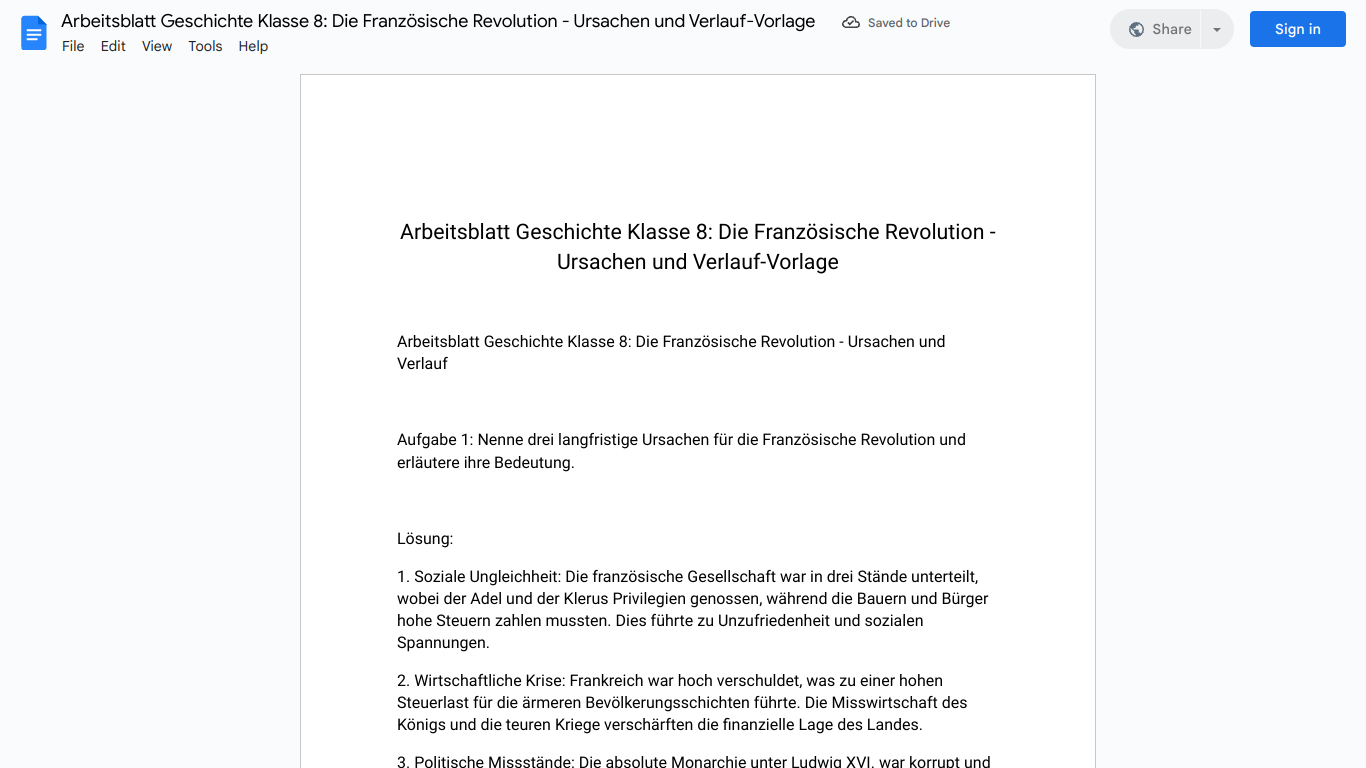 Arbeitsblatt Geschichte Klasse 8: Die Französische Revolution - Ursachen und Verlauf-Vorlage