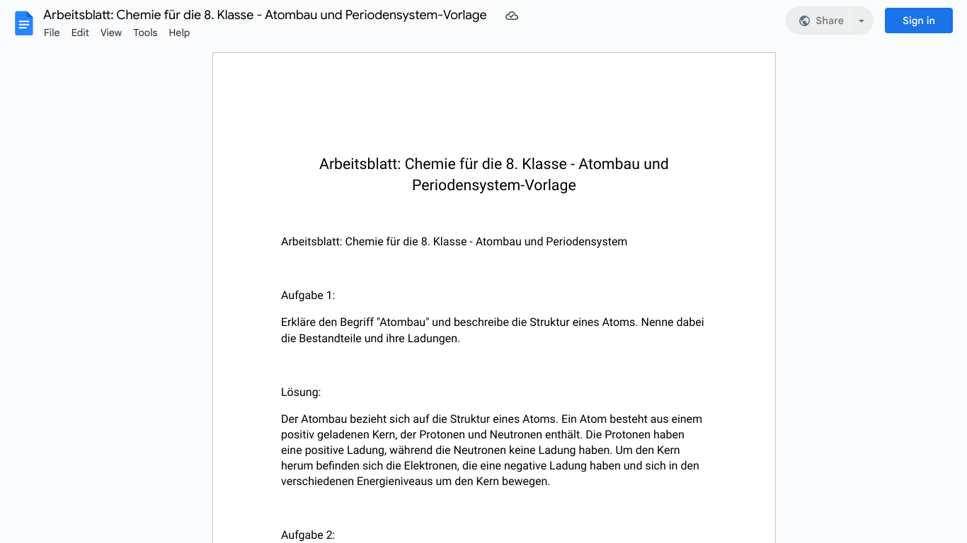 Arbeitsblatt: Chemie für die 8. Klasse - Atombau und Periodensystem-Vorlage