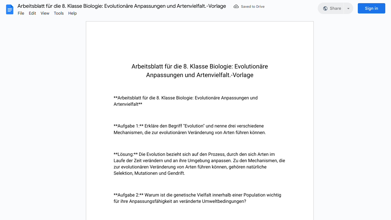 Arbeitsblatt für die 8. Klasse Biologie: Evolutionäre Anpassungen und Artenvielfalt.-Vorlage