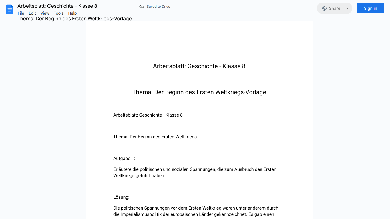 Arbeitsblatt: Geschichte - Klasse 8

Thema: Der Beginn des Ersten Weltkriegs-Vorlage