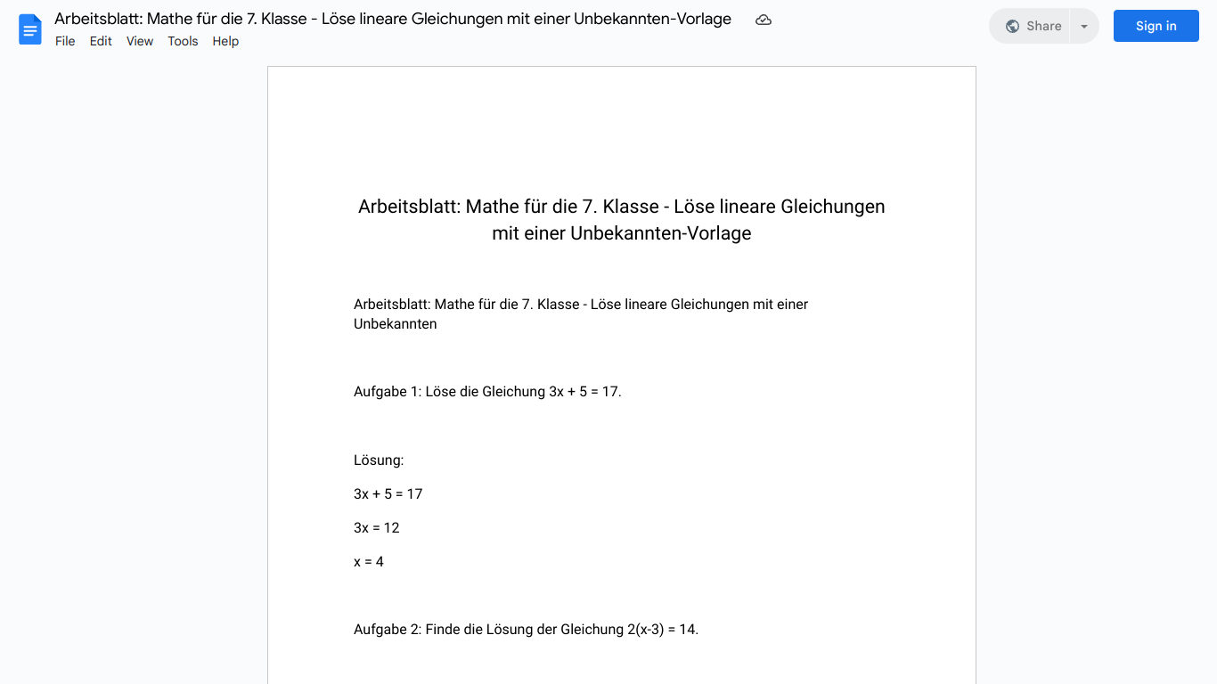 Arbeitsblatt: Mathe für die 7. Klasse - Löse lineare Gleichungen mit einer Unbekannten-Vorlage