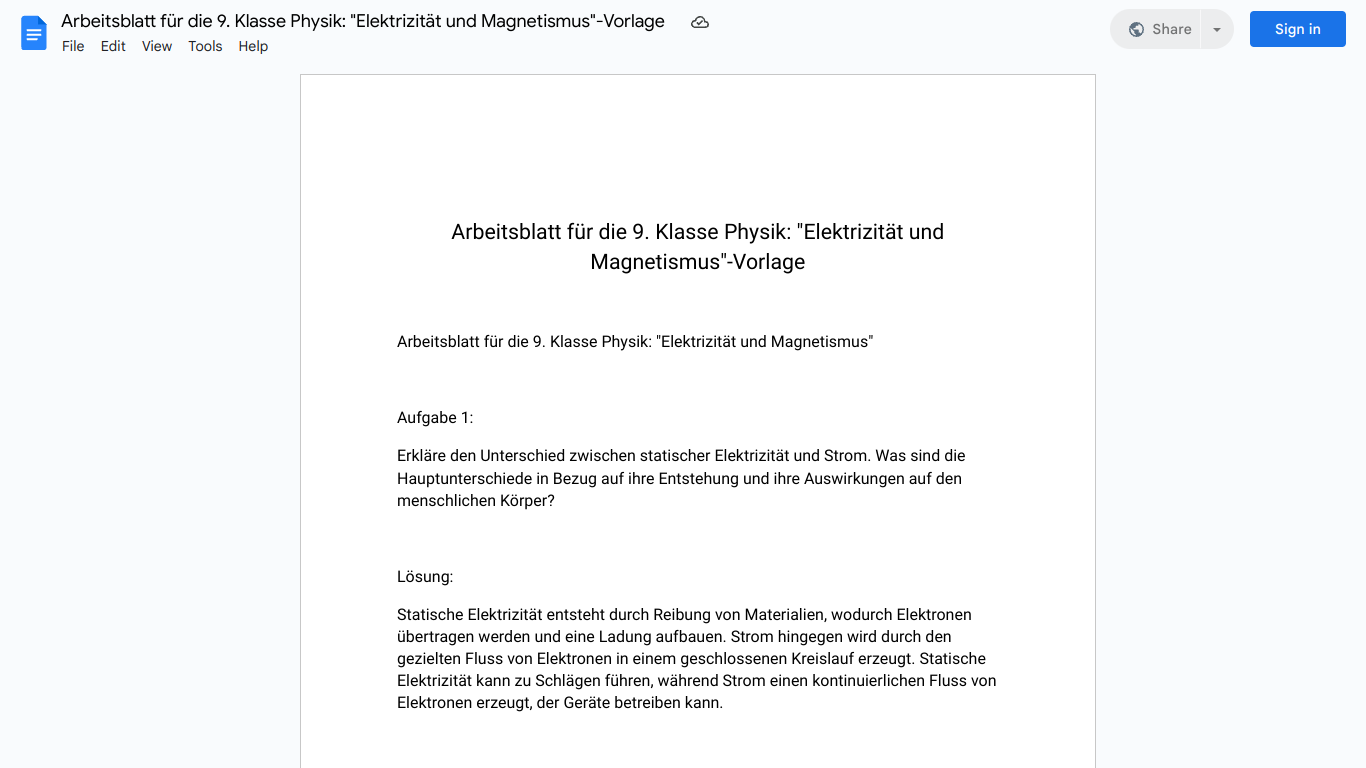 Arbeitsblatt für die 9. Klasse Physik: "Elektrizität und Magnetismus"-Vorlage