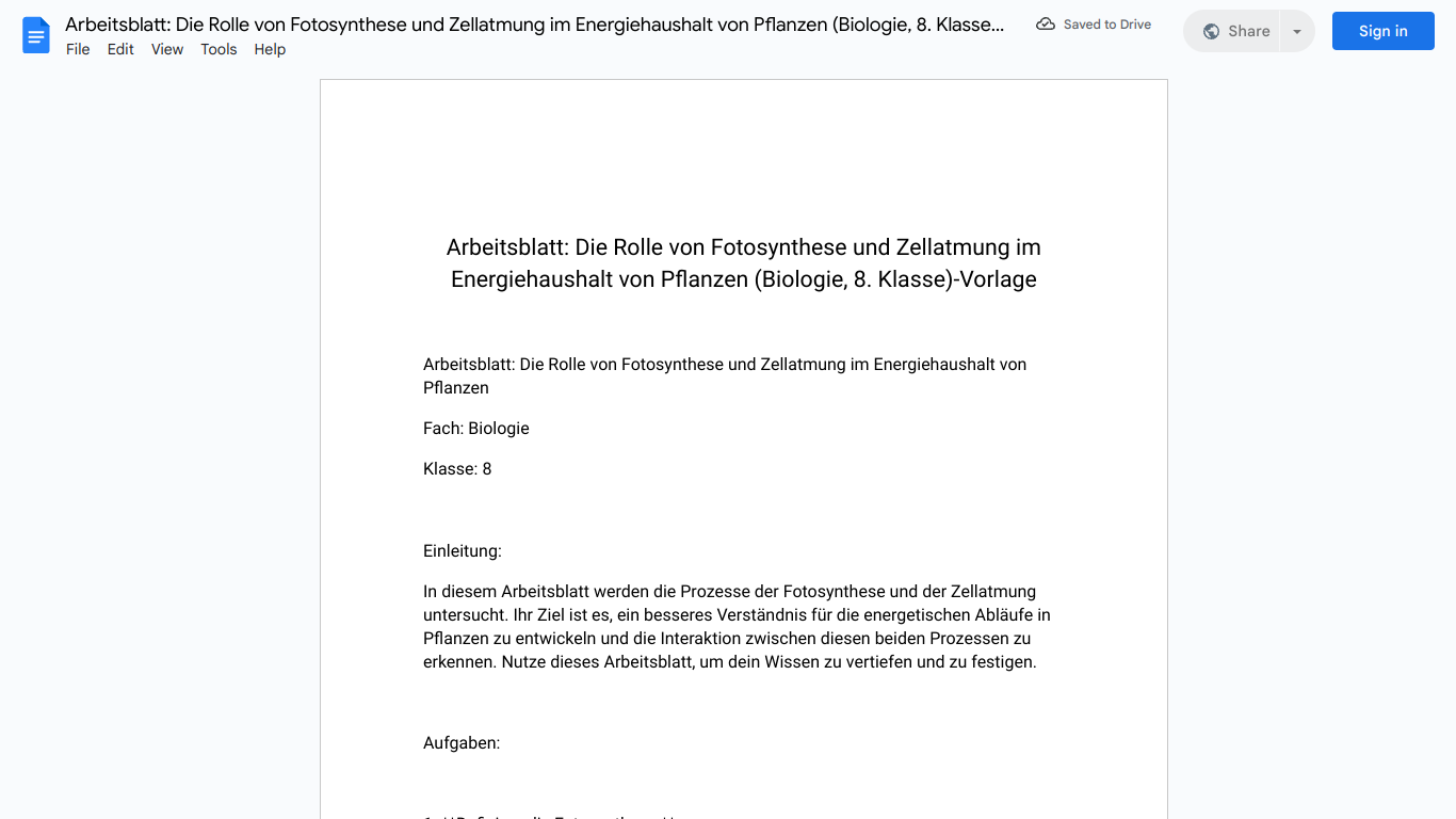 Arbeitsblatt: Die Rolle von Fotosynthese und Zellatmung im Energiehaushalt von Pflanzen (Biologie, 8. Klasse)-Vorlage