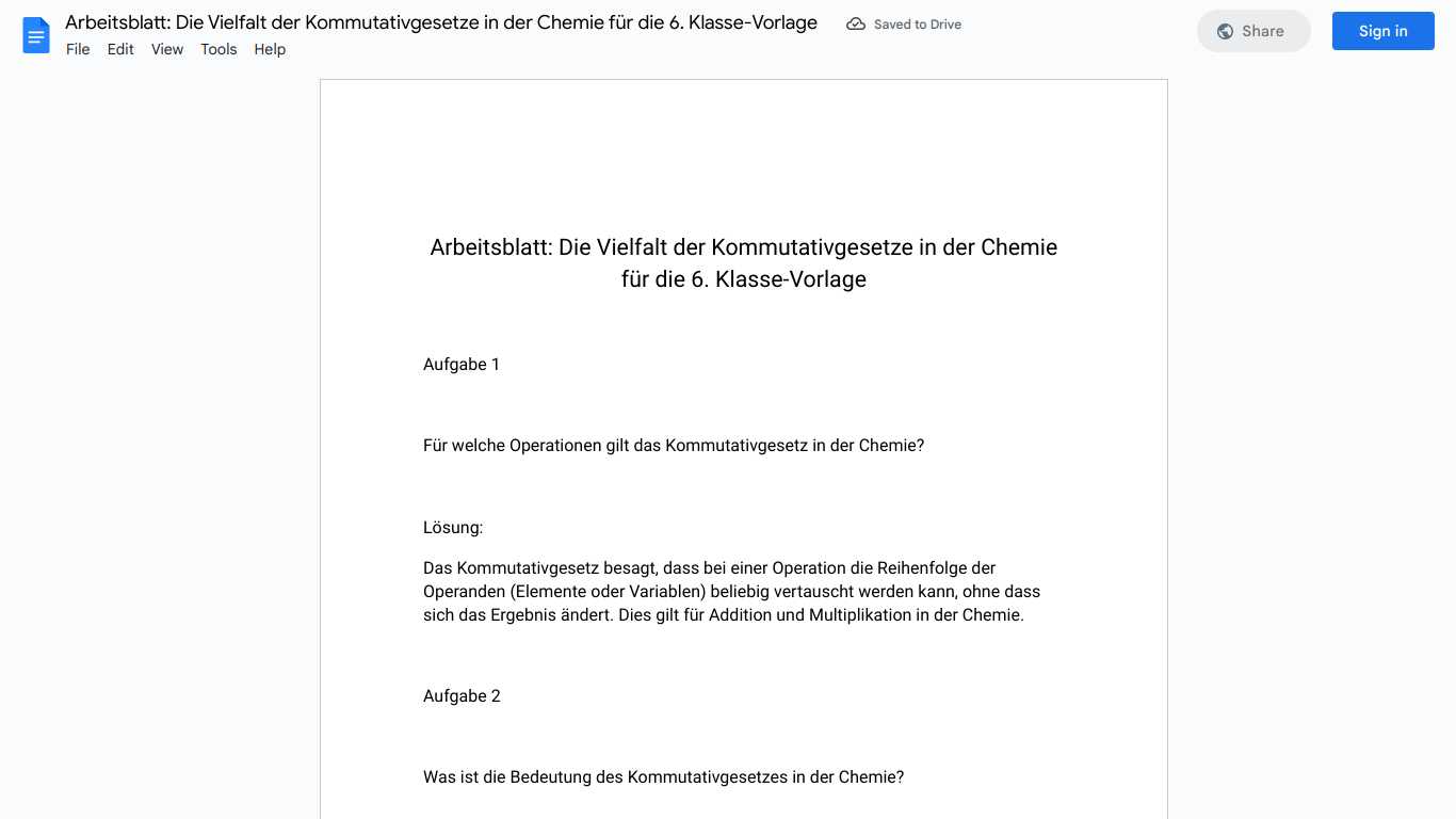 Arbeitsblatt: Die Vielfalt der Kommutativgesetze in der Chemie für die 6. Klasse-Vorlage